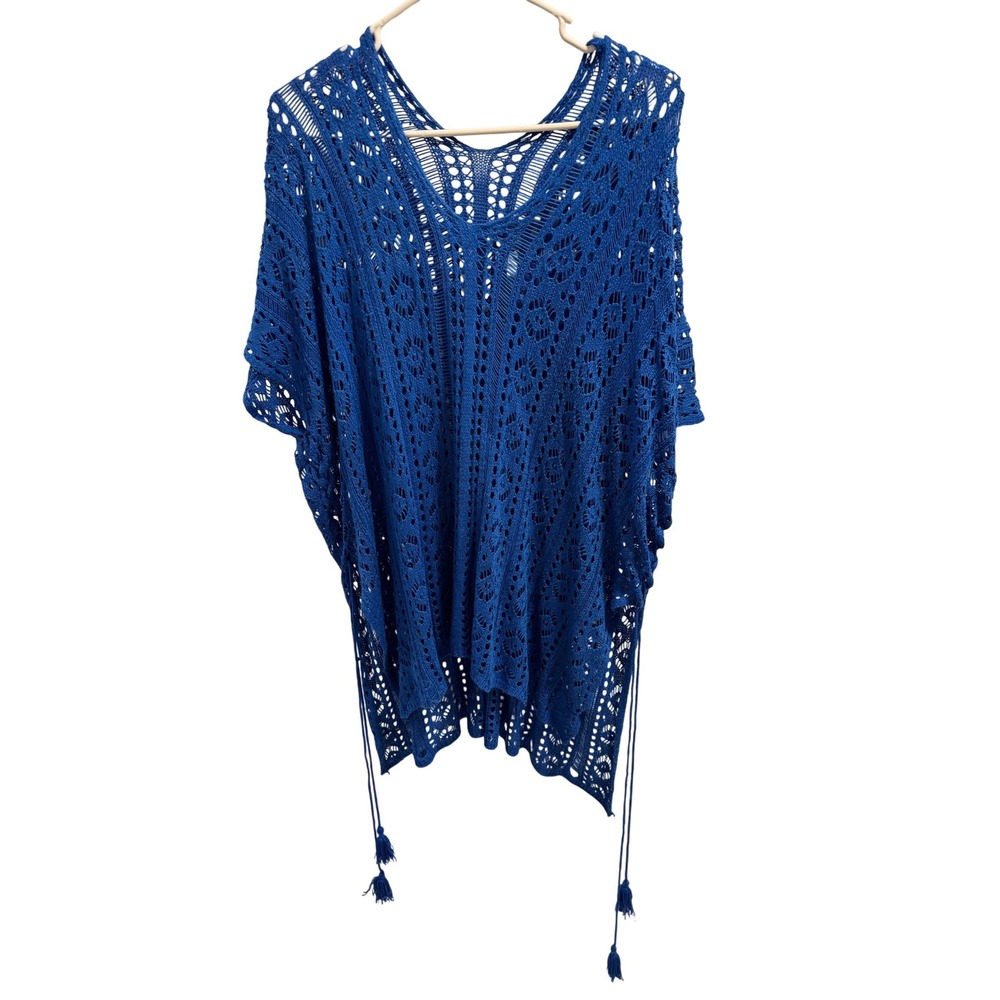 Royal Blue Crochet Knit V-Neck Tassel Side Tie Beach Swimsuit Coverup